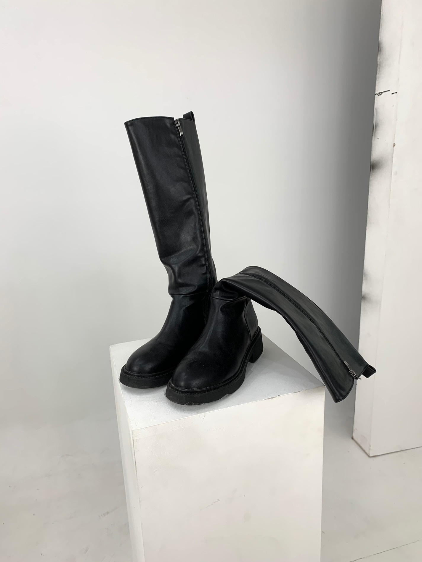 rounded leather long boots