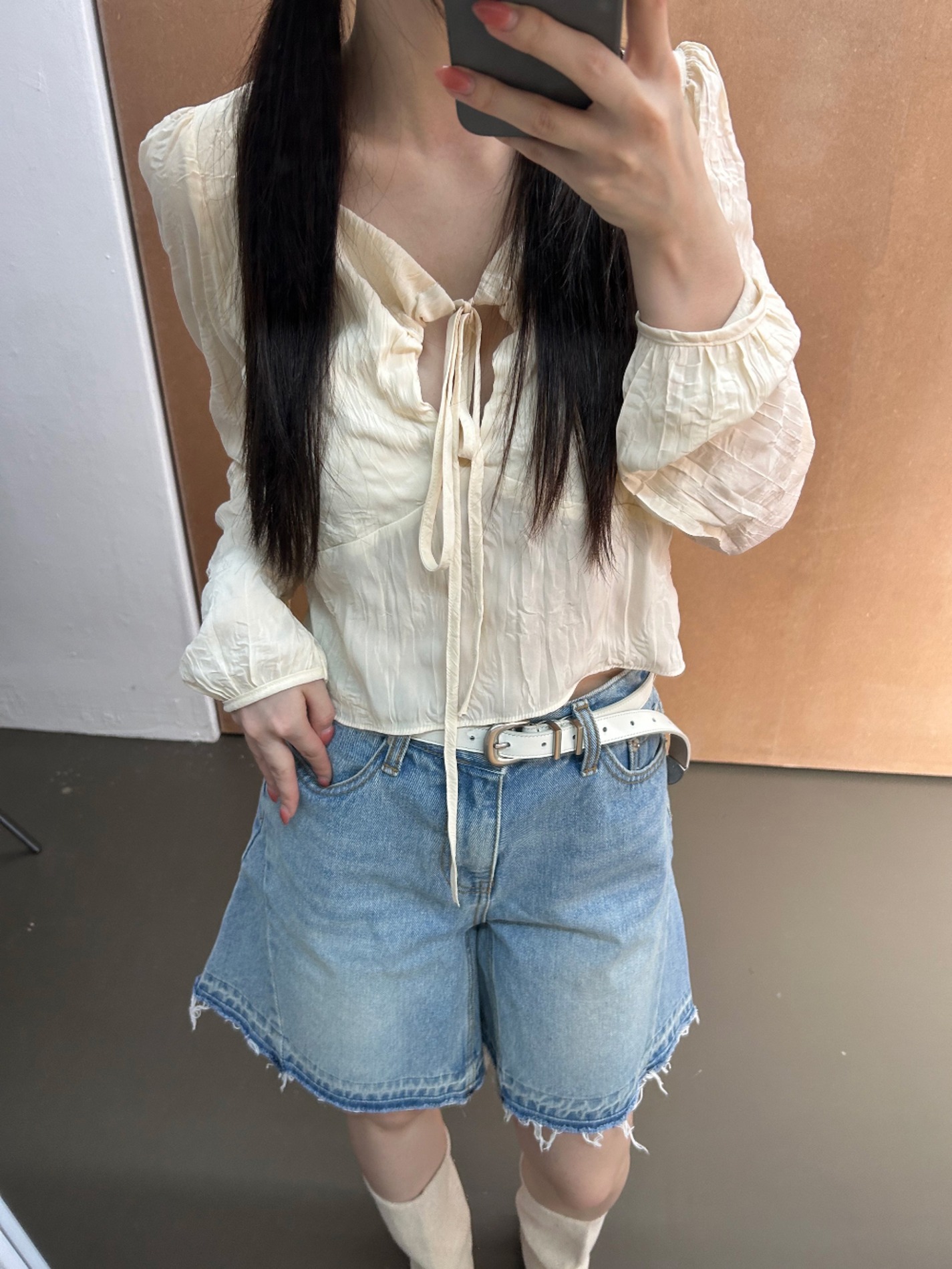 cream shirring blouse (3color)