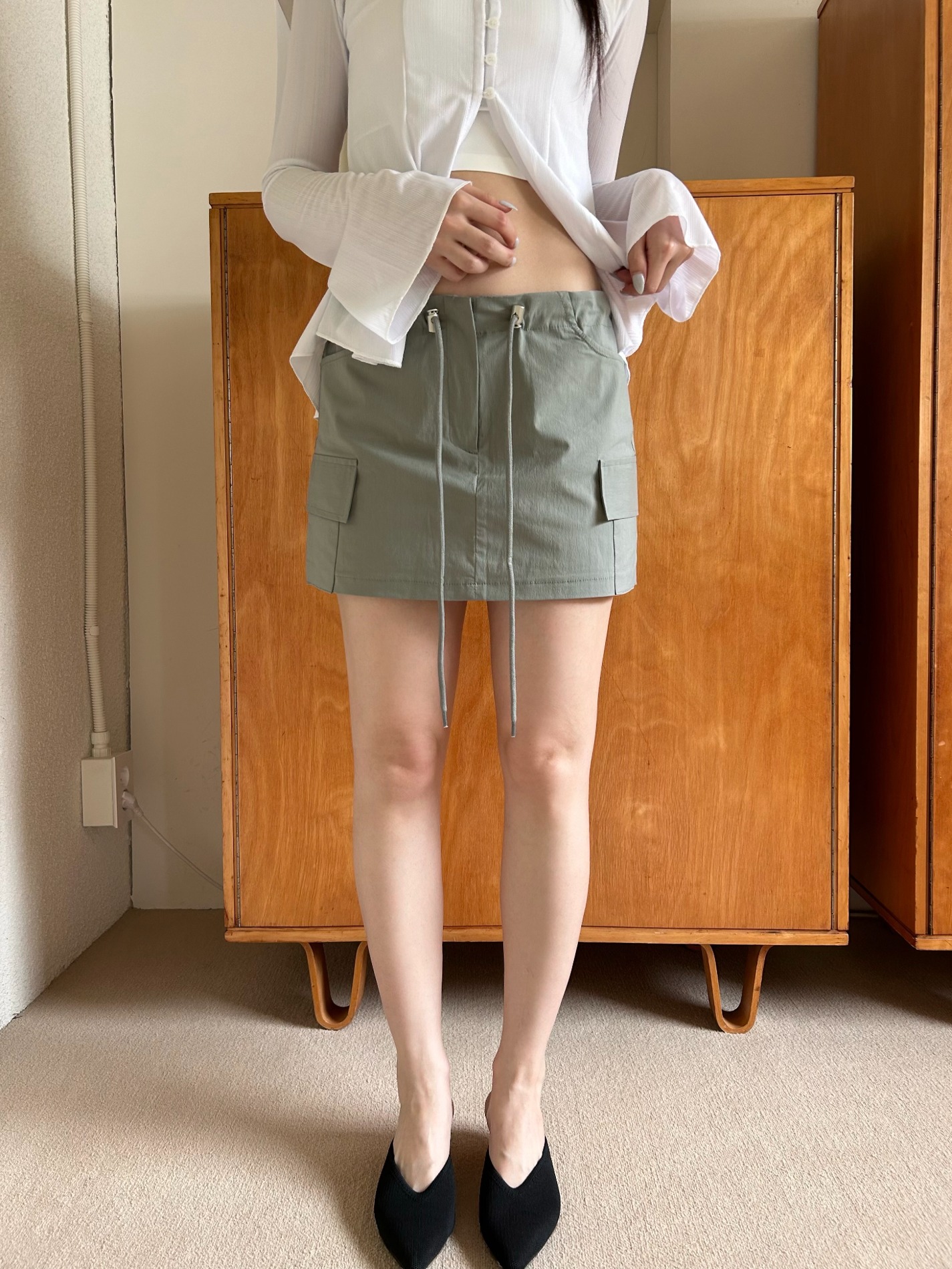 mein nylon low cargo skirt (3color)