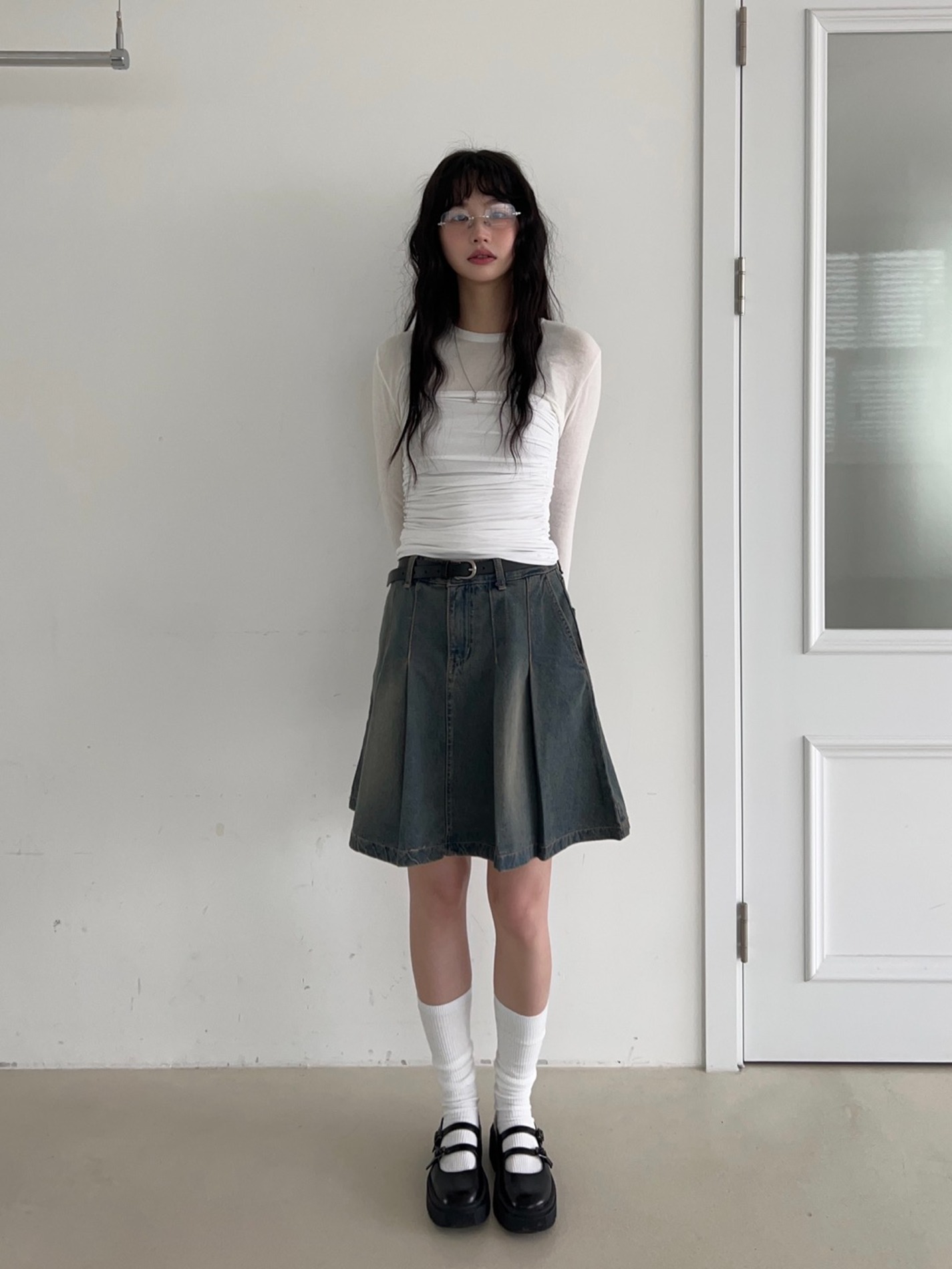 vintage denim pleats skirt (2color)